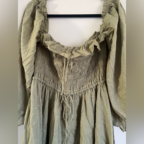 Cottage Core Olive Smocked Dress with Puff Sleeves - Picture 2 of 11